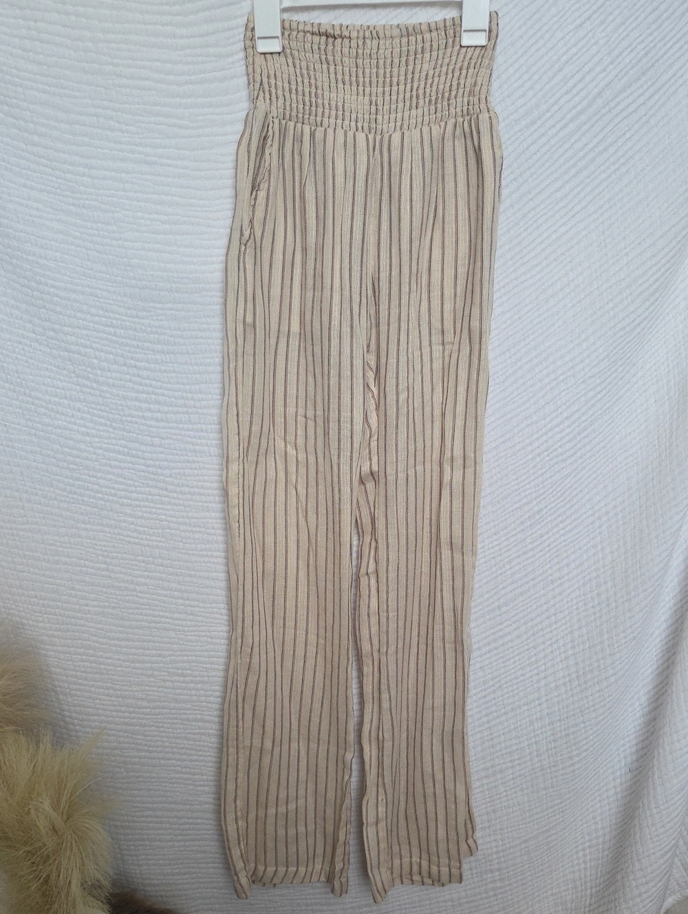Billabong Beige Pinstripe Wide-Leg Smocked Waist Pants